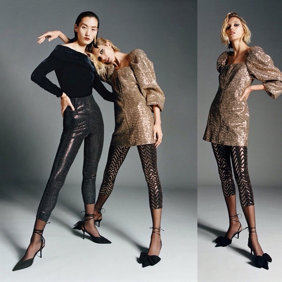 Zara NWT Bloggers Favorite Golden Sequin Puff Sleeve Zipped Party Shimmer Dress - Picture 9 of 16